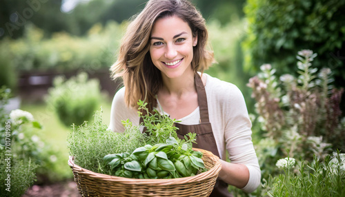 Woman with a basket full of herbs in the garden photo
