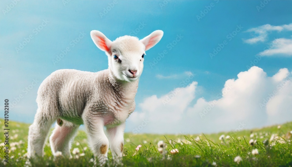 Cute little lamb on fresh spring green meadow during sunrise. Eid mubarak
Cute little lamb on fresh spring green meadow during sunrise. Eid mubarak
