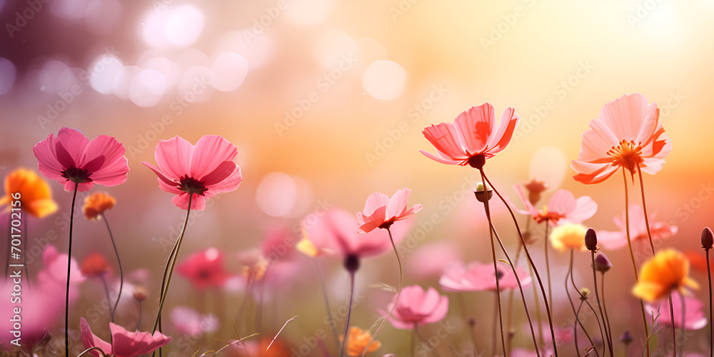 Summer gardening spring nature sunny floral flower pink environment field Landscape nature background of beautiful pink and red flowers in a field with a blurry background and a sun Ai Generative