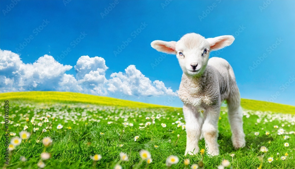 Fototapeta premium Cute little lamb on fresh spring green meadow during sunrise. Eid mubarak 