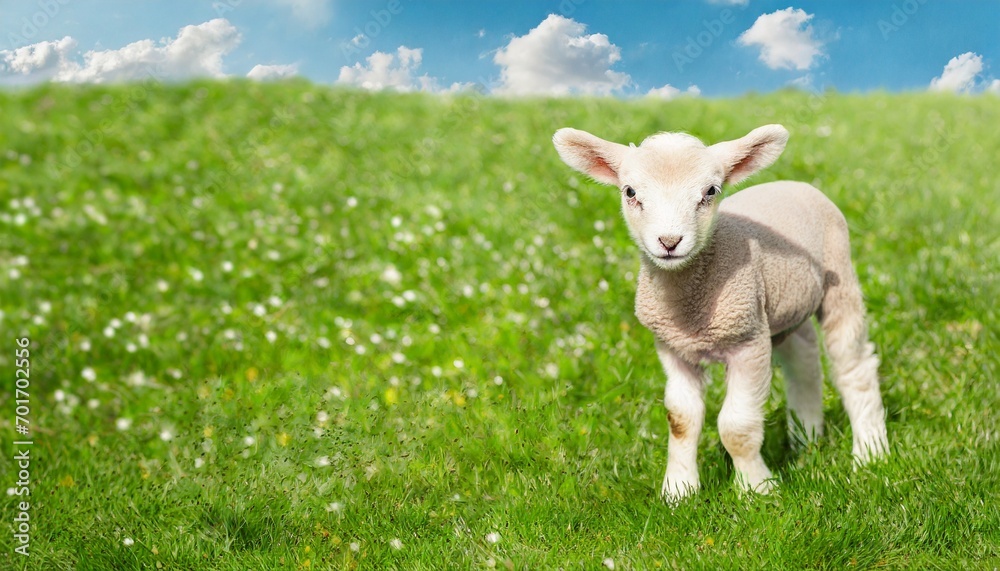 Fototapeta premium Cute sitting baby goat sheep background banner panorama spring easter. eid mubarak 
