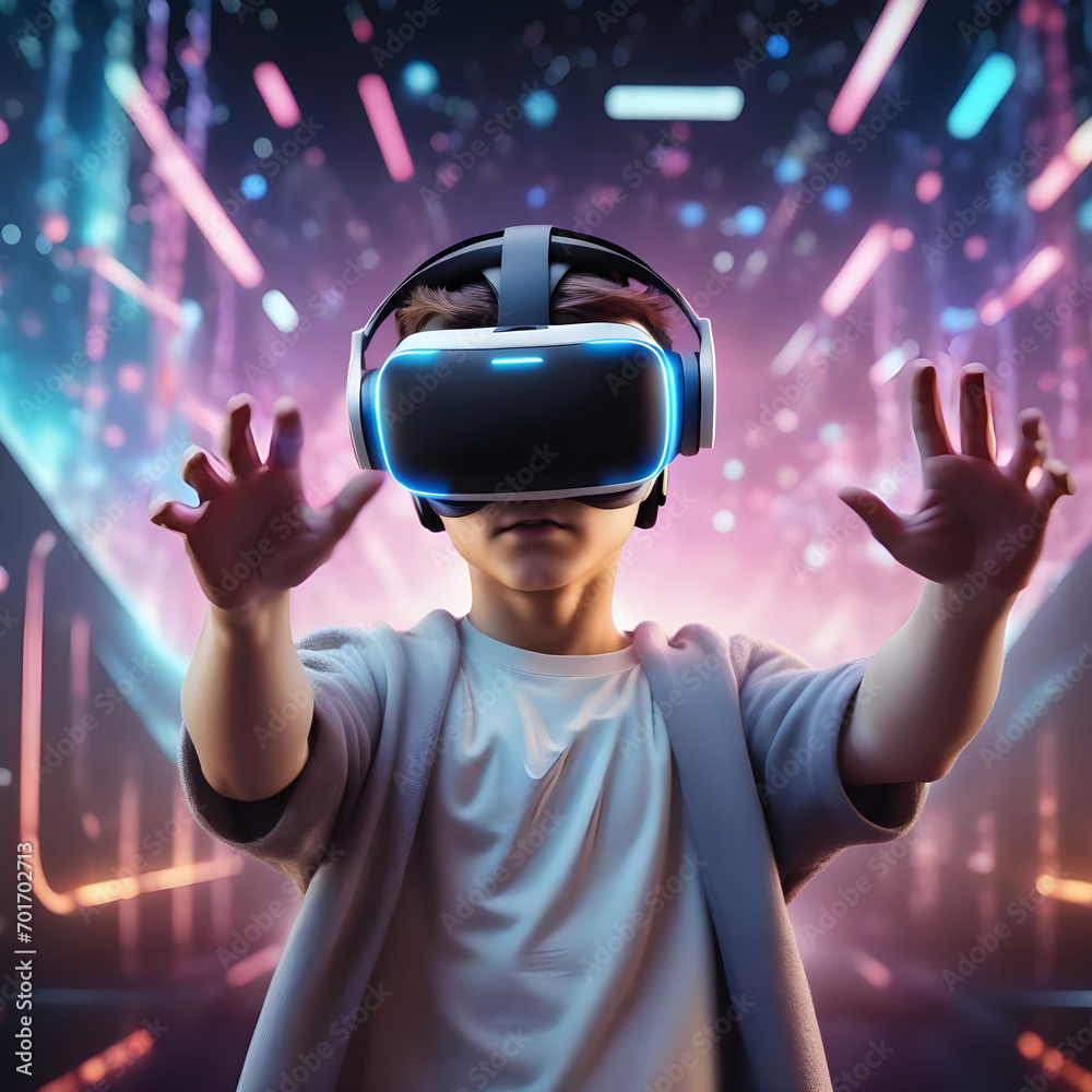 A boy wearing VR headset user. Surreal world and virtual reality. AI artificial intelligence man wearing VR glasses virtual global world internet connection and new experience in the future metaverse A boy wearing VR headset user. Surreal world and virtual reality. AI artificial intelligence man wearing VR glasses virtual global world internet connection and new experience in the future metaverse