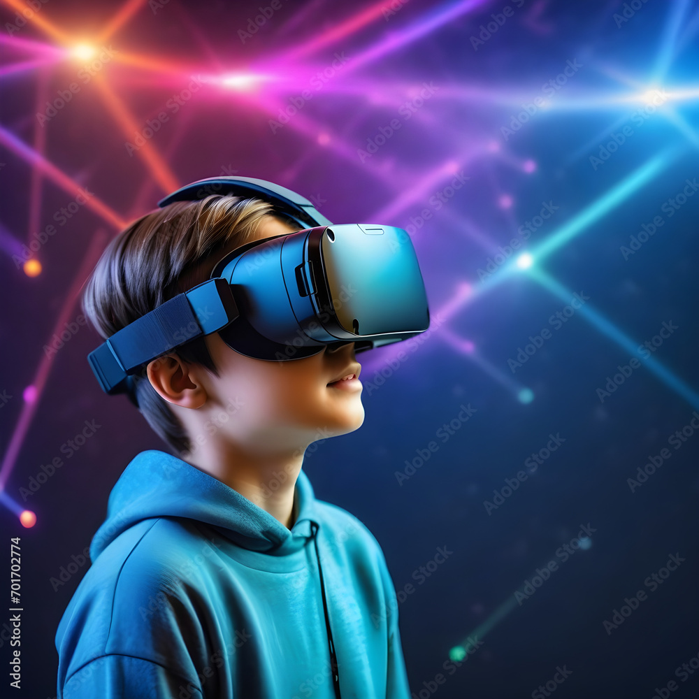 A boy wearing VR headset user. Surreal world and virtual reality. AI artificial intelligence man wearing VR glasses virtual global world internet connection and new experience in the future metaverse