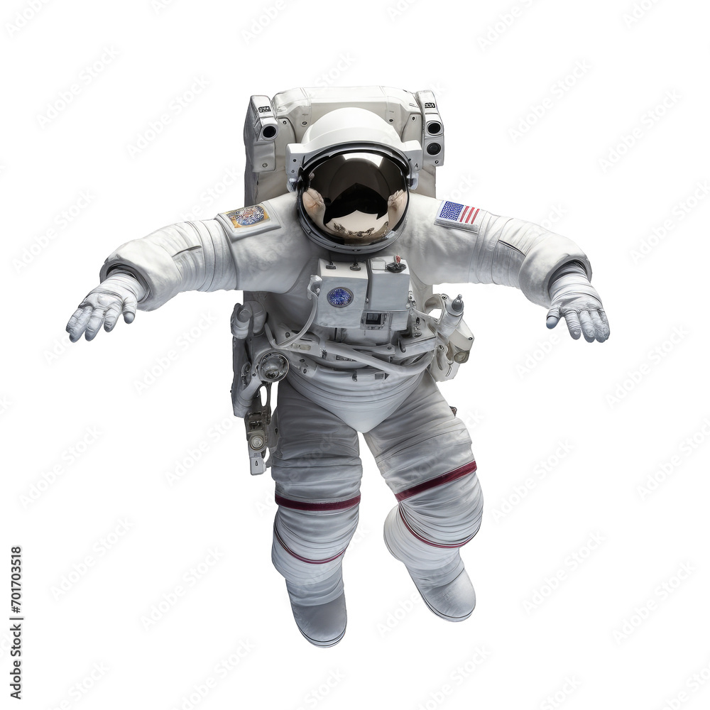 Front view of astronaut in a white space suit floating in space isolated on a cut out PNG transparent background Front view of astronaut in a white space suit floating in space isolated on a cut out PNG transparent background