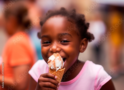 Little happy dark-skinned girl eating ice cream  close-up  portrait
