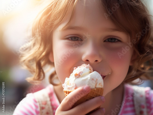 Little girl cheerful eating ice cream close-up  portrait  summer