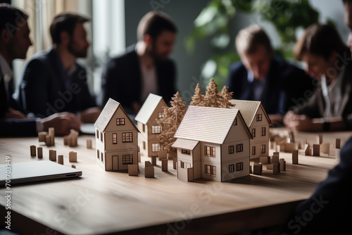 Businessman is captured in a meeting, deeply engaged in discussing a real estate deal with a house model on the table, symbolizing property investment and negotiation.
