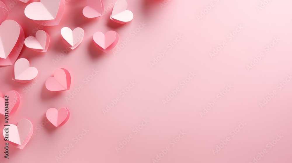 Pink paper hearts cuts isolated on pastel pink background. Generate AI image