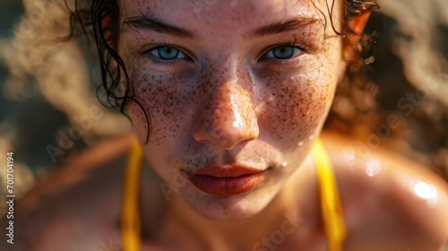 A close-up shot of a woman with freckles on her face. Suitable for beauty and skincare themes