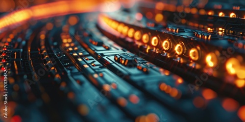 A detailed view of a sound board with out-of-focus lights in the background. Perfect for music events or concert themes