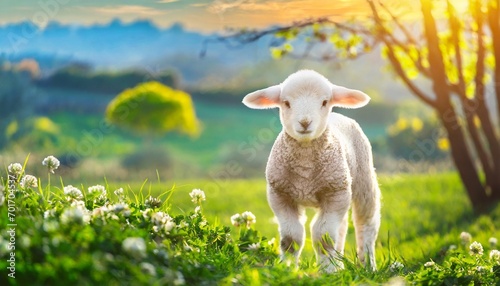 Cute little lamb on fresh spring green meadow during sunrise. Eid mubarak	
 photo