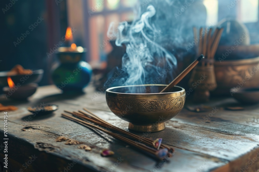 A wooden table with a metal bowl filled with incense sticks. Perfect for creating a calming and aromatic atmosphere - obrazy, fototapety, plakaty 