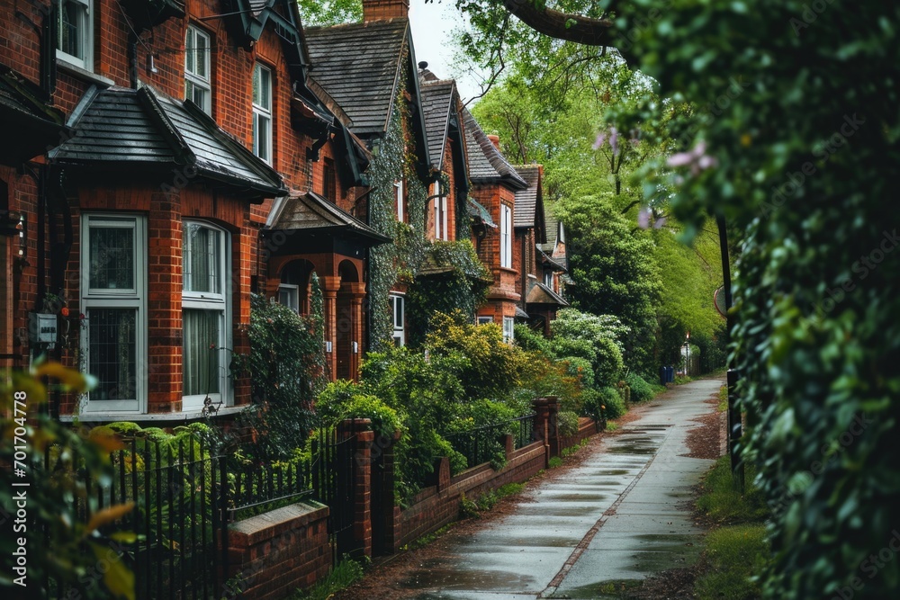 A picturesque street lined with charming red brick houses and beautiful trees. Perfect for real estate, neighborhood, or urban-themed projects