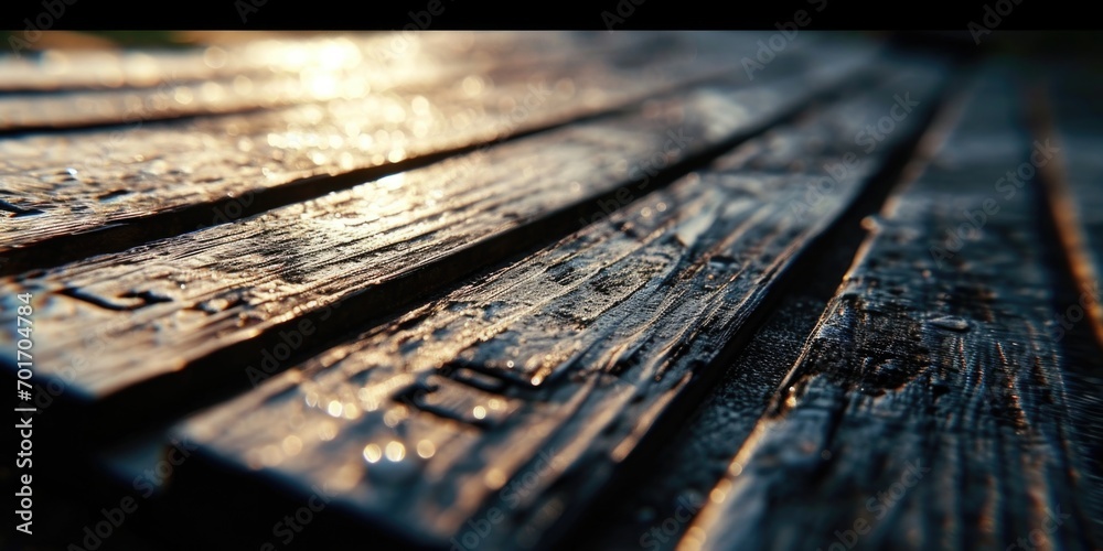 A wooden bench with water droplets on it. Perfect for adding a natural and rustic touch to your designs