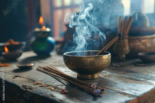 A wooden table with a metal bowl filled with incense sticks. Perfect for creating a calming and aromatic atmosphere