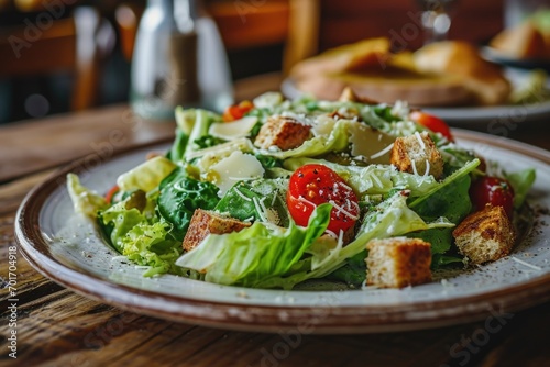 A plate of delicious salad placed on a rustic wooden table. Perfect for healthy eating concepts and food photography