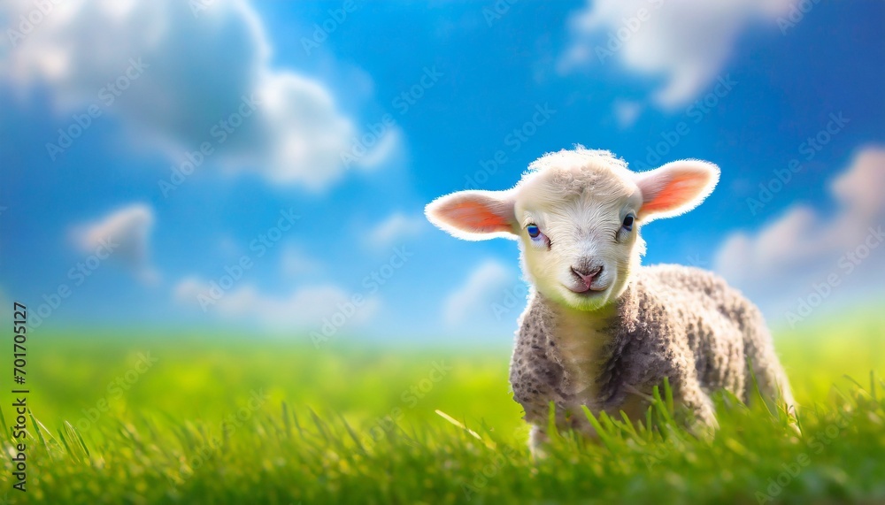 Cute little lamb on fresh spring green meadow during sunrise. Eid mubarak
Cute little lamb on fresh spring green meadow during sunrise. Eid mubarak