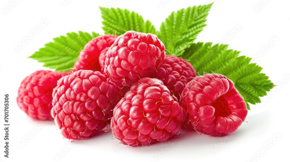 A bunch of raspberries with leaves placed on a white surface. Perfect for food and healthy eating concepts A bunch of raspberries with leaves placed on a white surface. Perfect for food and healthy eating concepts