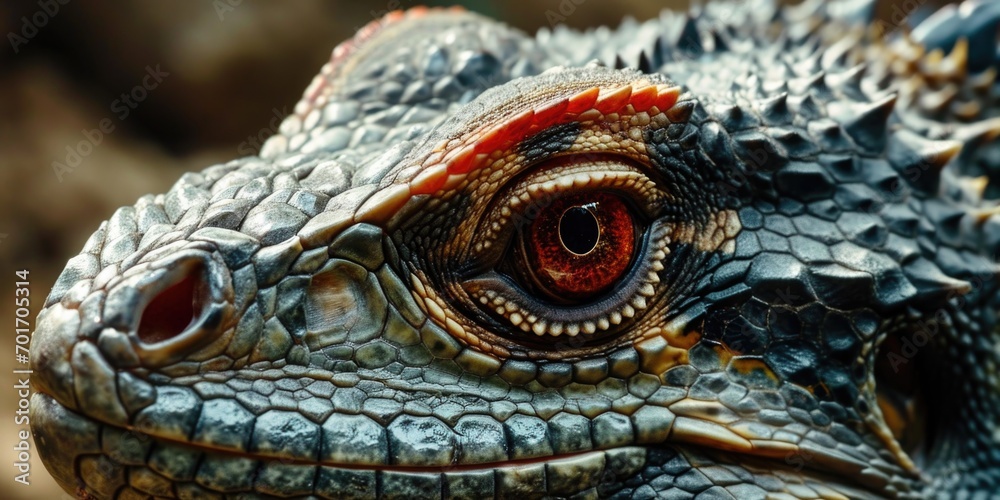 A detailed close-up of a lizard's head featuring a striking red eye. This image can be used to showcase the unique features and vibrant colors of reptiles