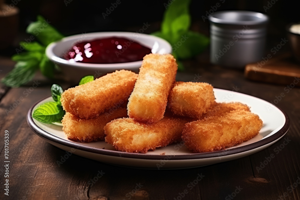Breaded fried mozzarella cheese sticks served with cranberry sauce on the wooden table Breaded fried mozzarella cheese sticks served with cranberry sauce on the wooden table