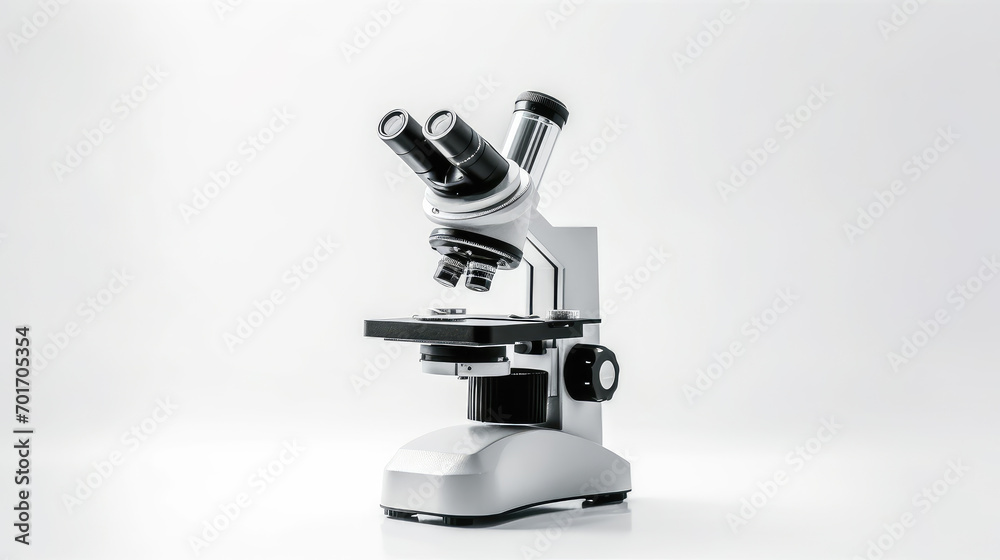 Precision microscope on a white background, this photo provides copyspace for articles, presentations, or educational material in science and healthcare. Precision microscope on a white background, this photo provides copyspace for articles, presentations, or educational material in science and healthcare.