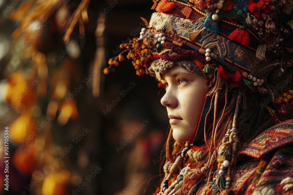 A vibrant image of a young girl wearing a colorful headdress. Perfect for cultural events and celebrations