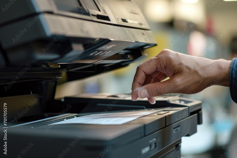 A person is pressing a button on a printer. This image can be used to illustrate office equipment and technology