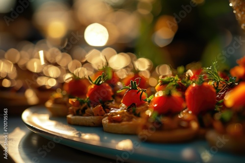 A plate of small appetizers arranged on a table. Perfect for catering events or cocktail parties