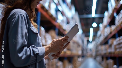 A woman is seen holding a tablet in a warehouse. This image can be used to depict technology in an industrial setting