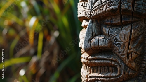 A detailed shot of a wooden statue with a lush plant in the background. Perfect for adding a natural touch to any design project
