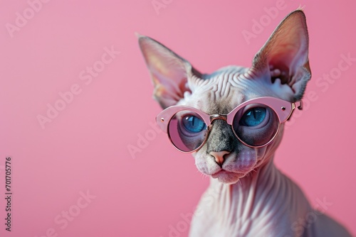 A cute sphy cat wearing pink sunglasses on a pink background. Perfect for adding a touch of fun and style to your designs