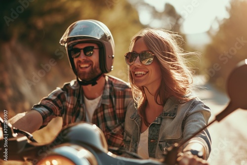A man and a woman riding a motorcycle. Suitable for travel and adventure themes