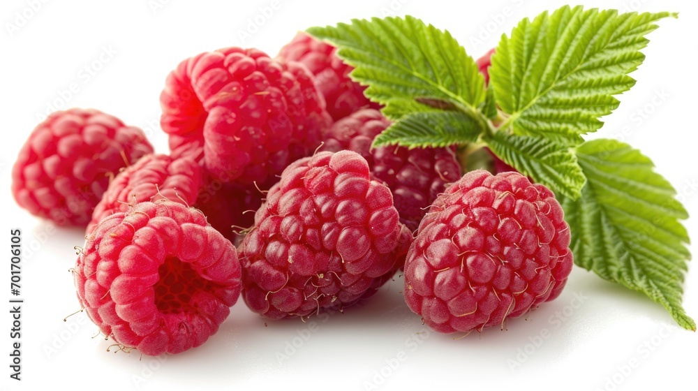 A cluster of ripe raspberries with green leaves arranged neatly on a white surface. Perfect for food and nutrition-related projects A cluster of ripe raspberries with green leaves arranged neatly on a white surface. Perfect for food and nutrition-related projects