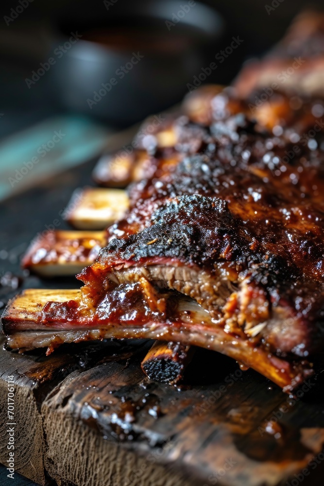 A wooden cutting board topped with mouthwatering BBQ ribs. Perfect for food enthusiasts and grill masters