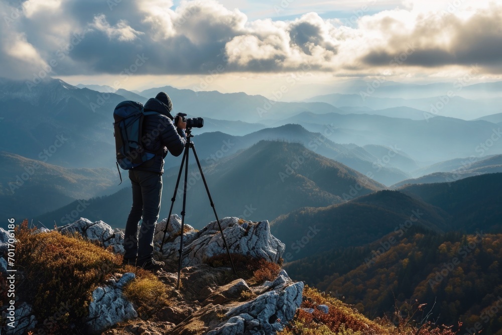 A man standing on top of a mountain, capturing the breathtaking view with his camera. Perfect for travel and adventure themes