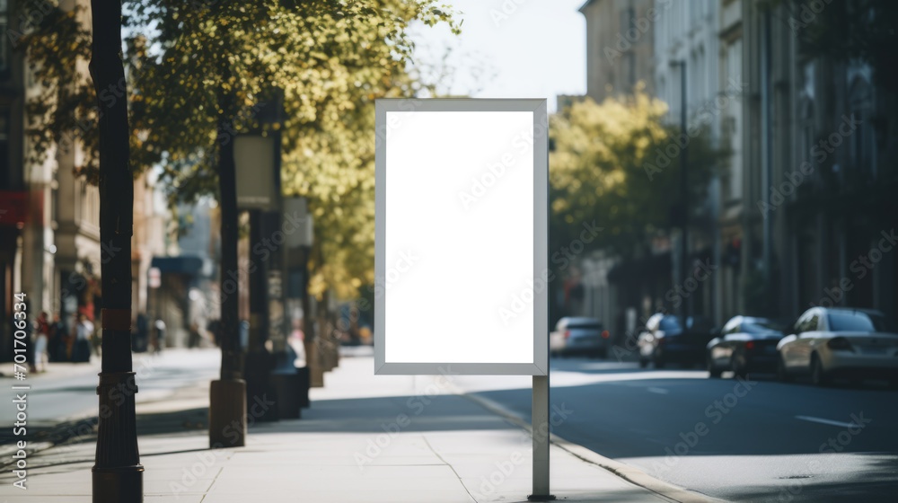 Shaded city street with a blank billboard on a sunny day. Urban communication and design concept. Generative AI