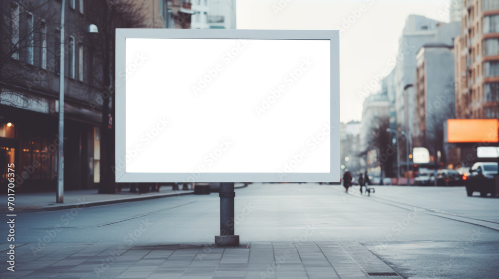 Large empty billboard on a quiet city street at dusk. Urban marketing and evening ambiance. Generative AI Large empty billboard on a quiet city street at dusk. Urban marketing and evening ambiance. Generative AI