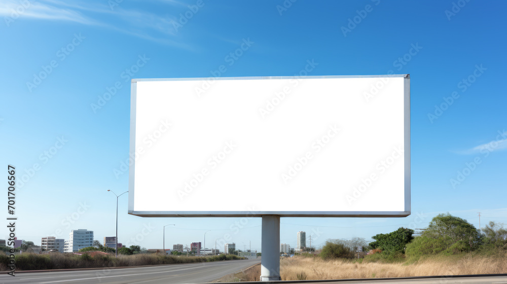 Freestanding billboard on a roadside with a cityscape and clear sky. Communication and urban design concept. Generative AI Freestanding billboard on a roadside with a cityscape and clear sky. Communication and urban design concept. Generative AI