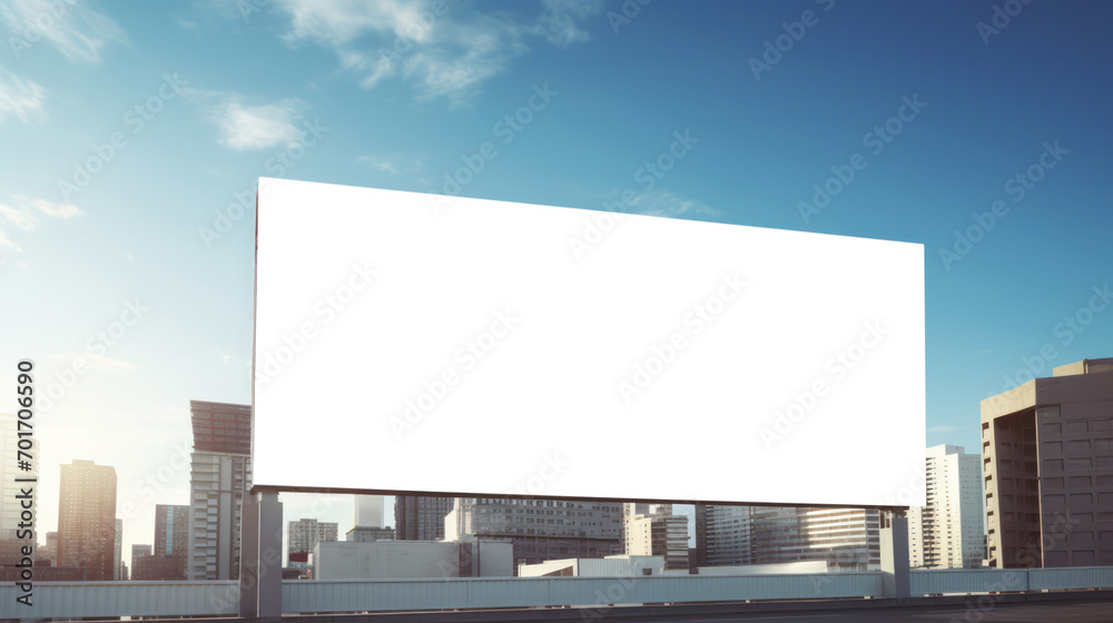 Fototapeta premium Wide billboard against a city backdrop with blue skies. Outdoor advertising and city life concept. Generative AI