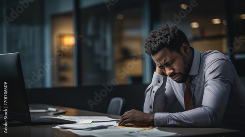 Tired African American businessman leaning on hand at office desk. Work fatigue concept. Generative AI