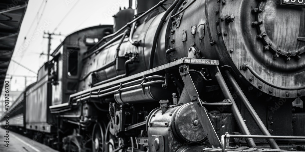 A classic black and white photo of a train. Perfect for vintage or transportation-themed designs - obrazy, fototapety, plakaty 