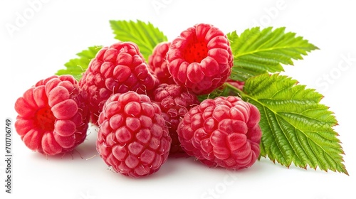 A collection of ripe raspberries with fresh green leaves, placed on a clean white surface. Perfect for food and nutrition-related projects