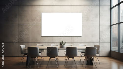 Contemporary meeting space with blank poster template and city view. Business interior design. Generative AI