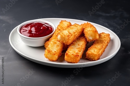 Breaded fried mozzarella cheese sticks served with cranberry sauce on the white table