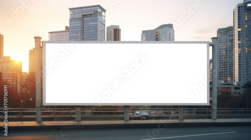 Blank billboard on sunlit city street at dawn for outdoor advertising. Urban marketing concept. Generative AI © ImageFlow