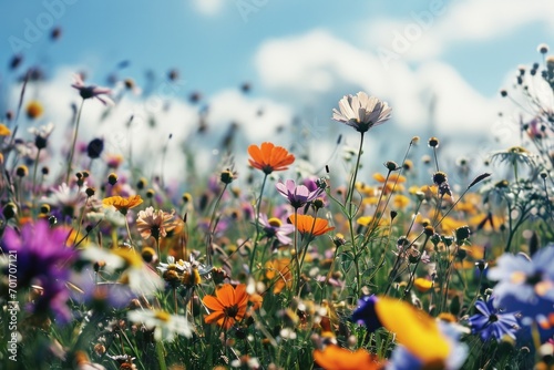 A beautiful field of colorful flowers with a clear blue sky in the background. Perfect for nature or spring-themed projects