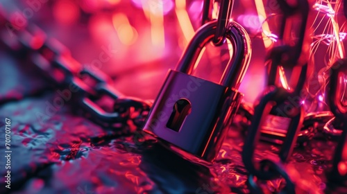 A close-up view of a lock on a chain. This image can be used to represent security, protection, or the concept of being locked or secured