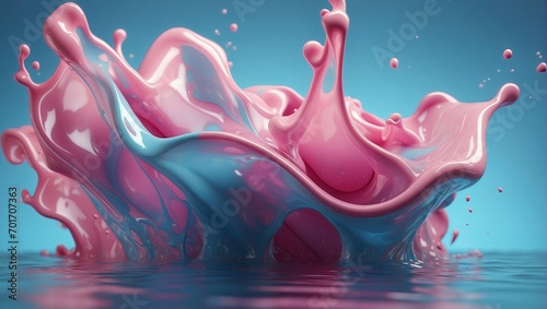 Lush abstract splash of liquid in soft pink and light blue hues, elegantly intertwined to form a playful and artistic dance of glossy, fluid shapes with a serene backdrop.