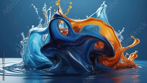 Dynamic abstract splash of liquid in vivid blue and rich orange, swirling together to create a captivating and high-energy composition with sharp, suspended droplets. photo