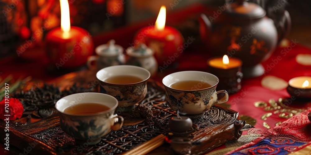 Fototapeta premium Chinese tea ceremony tea ceramic - Generative ai